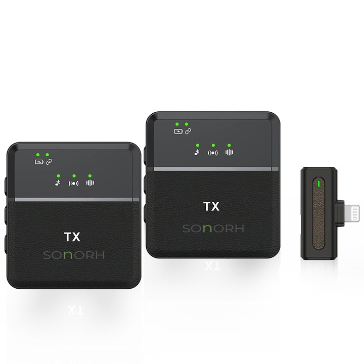Set 2 Microfoane Lavaliera Wireless SONORH® SX8 Dual, Lightning, Ajustare Volum, Reducere Zgomot, Afisaj LED, Plug & Play, Compatibil iPhone/iPad si Camera Foto/Video, Vlog/Live/Interviuri