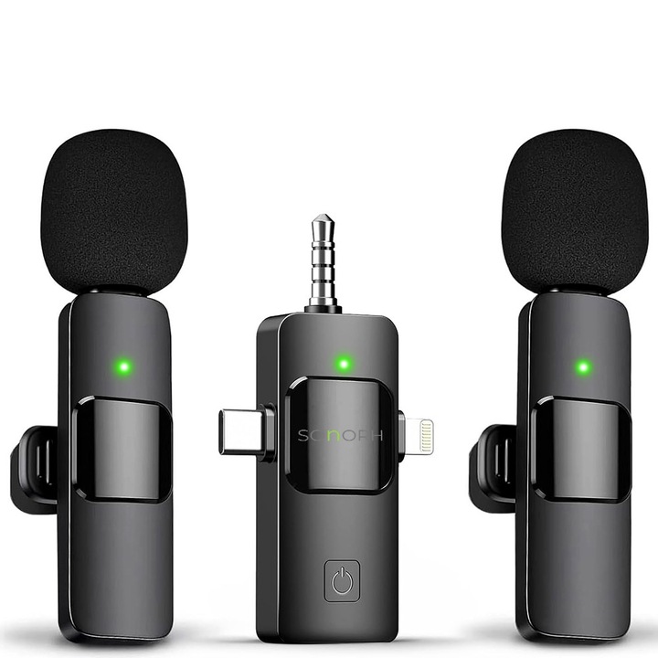 Set 2 Microfoane Lavaliera Wireless SONORH® Pro, USB-C + Lightning + Jack 3.5mm, Compatibil Android/iPhone/Laptop/Camera, Reducere Zgomot, Plug & Play, Interviuri/Vlog/Live/Video