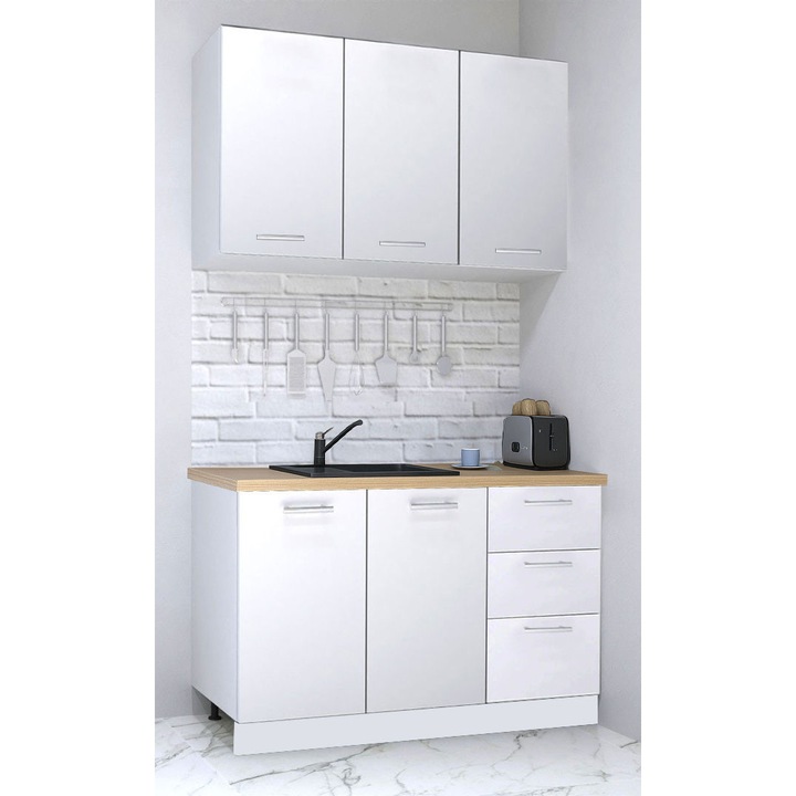 Set mobilier bucatarie cu soft-close, BadenMob Germania, 120cm, corpuri inalte, blat gros, 3 sertare, Alb