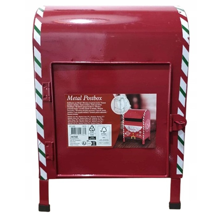 Cutie poștală decorativă de Crăciun roșie metalică, 31x21x19cm, set decoratiuni