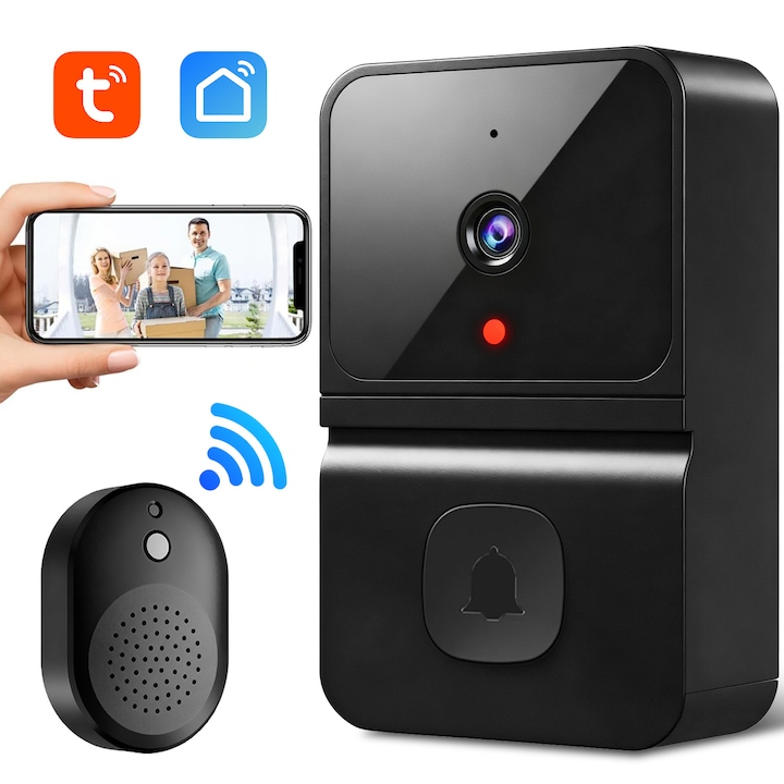 Vezeték nélküli videó csengő, SDLOGAL, WiFi, kétirányú audiomikrofon, kétirányú audiomikrofon, hanghívás és videó kaputelefon, fekete