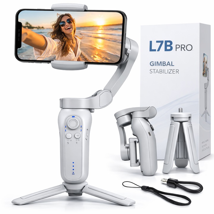 Stabilizator Gimbal smartphone Auxito 3 axe, tracking AI, pliabil, baterie 2550 mAh, urmarirea fetei si a obiectelor, control Zoom, conectare Bluetooth