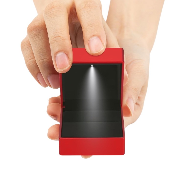 Cutie Bijuterii cu LED, Rosie, Cutie Inel Logodna, Cercei, Colier, Ambalaj Lux pentru Nunta, Cerere in Casatorie, Aniversare, Craciun