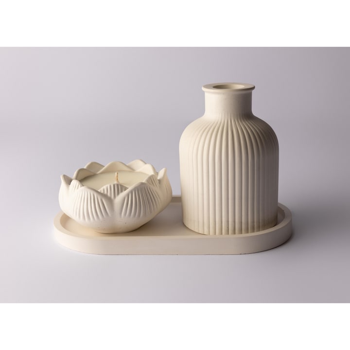 Set decorativ cu tava, vaza si lumanare parfumata din ceara de soia in recipient ceramic in forma de lotus, LumensGlow handmade