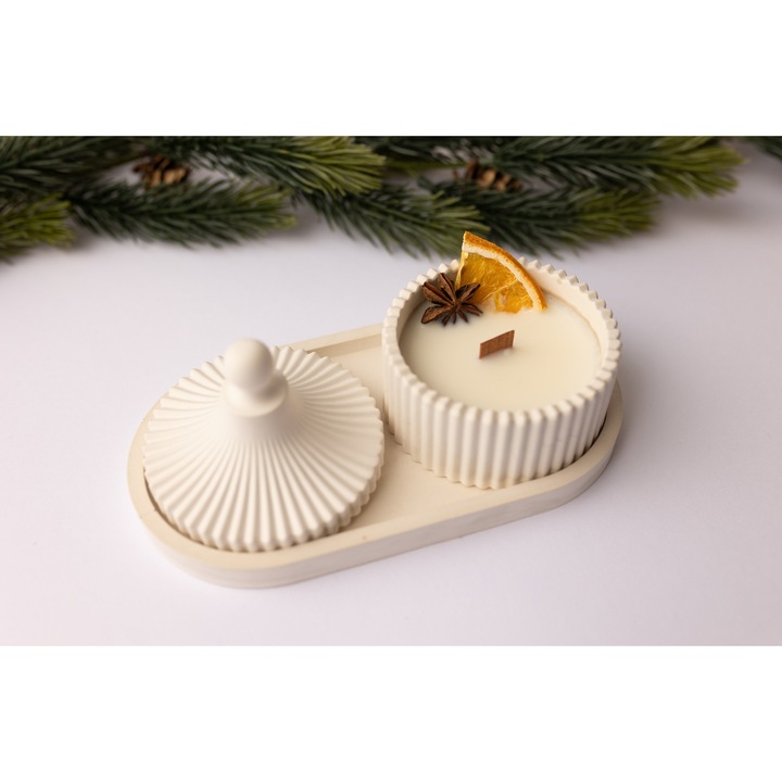 Set decorativ ceramic cu lumanare parfumata, capac ai tavita – Handmade, decor cu anason si portocala uscata, LumensGlow