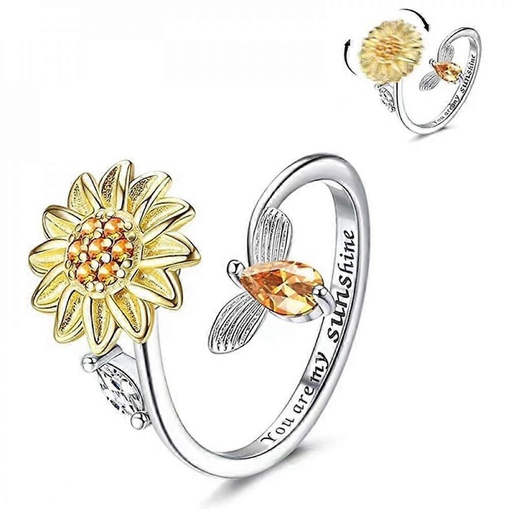 Női forgó fidget gyűrű, stresszoldó, napraforgó, ezüst