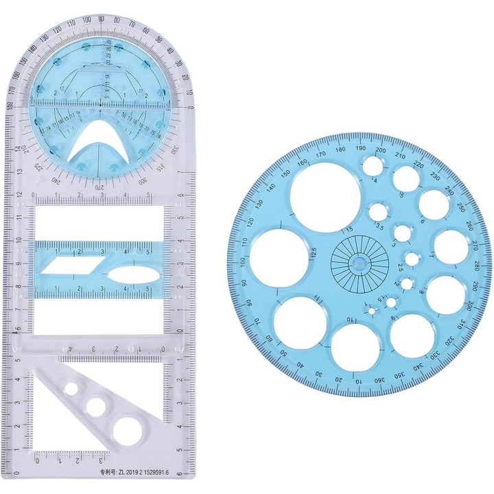 Set 2 instrumente de geometrie, rigle multifunctionale, unelte de desen, plastic, transparent