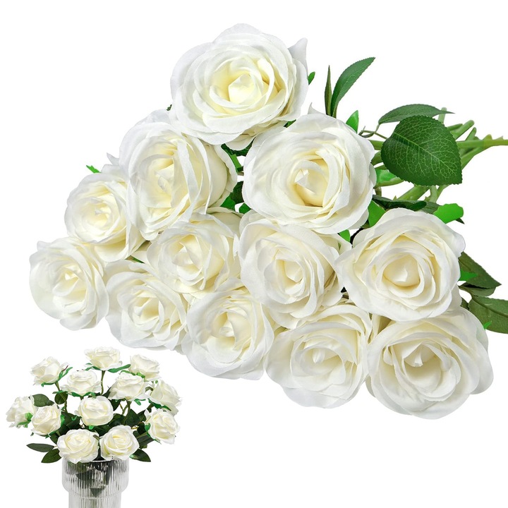 Комплект 12 изкуствени цветя Bedee, копринени рози, бели, 50см