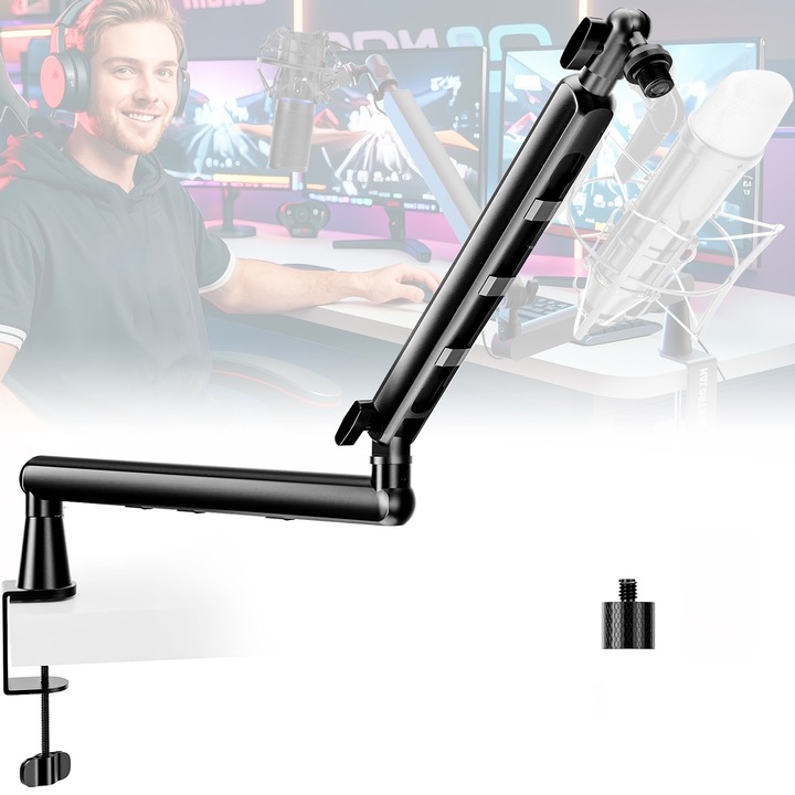 Brat Microfon Profesional, Piduules, Boom Arm Stand, Cuplaj cu Cinci Axe, Prindere Filet 5/8", Reglabil 360° si Intindere 180°, Aluminiu/Metal, Incarcare Maxima 3 kg, Negru