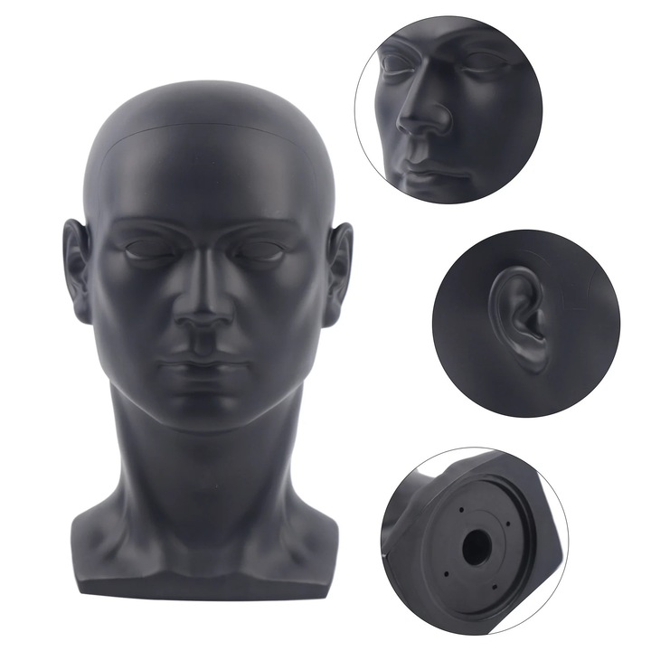 Cap de manechin masculin pentru prezentarea perucilor, Model PVC, Decoratiuni DIY, Suport pentru Ochelari si Palarie, Negru Lucios/Negru Mat
