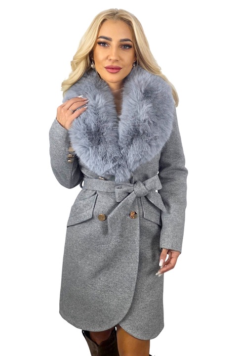 Pardesiu dama Tamira, gri, marimea 42, cu lana, guler din blana detasabil