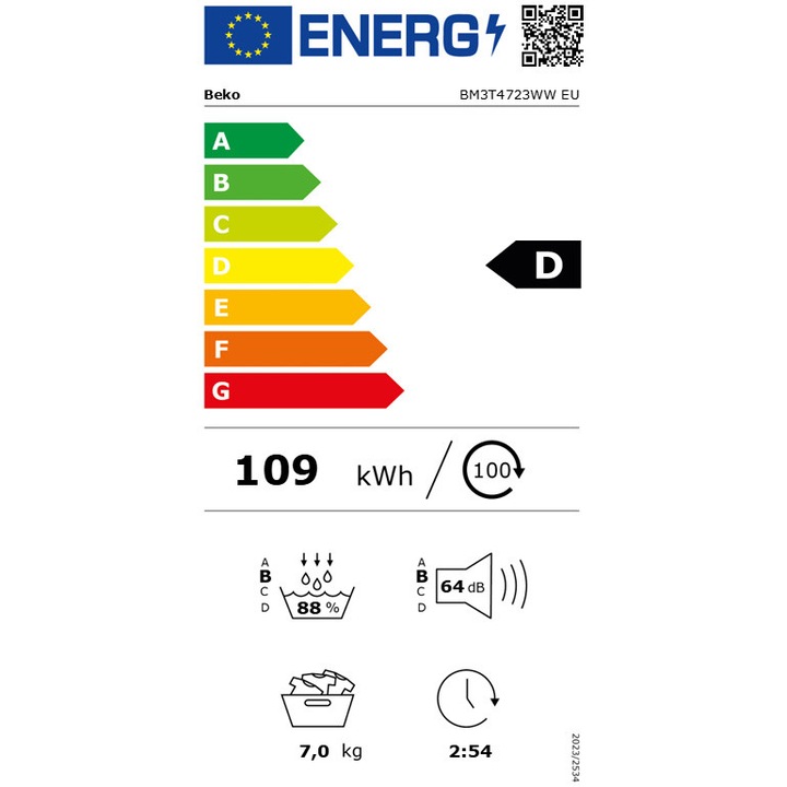 Uscator de rufe Beko BM3T4723WWEU, Pompa de caldura, 7 kg, 15 programe, Clasa D,Motor ProSmart Inverter, EcoSense, Aquawave, Hygienic Drying, Alb