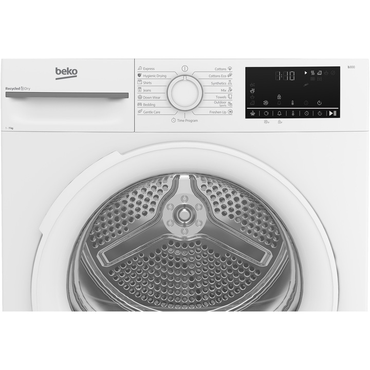 Uscator de rufe Beko BM3T4723WWEU, Pompa de caldura, 7 kg, 15 programe, Clasa D,Motor ProSmart Inverter, EcoSense, Aquawave, Hygienic Drying, Alb