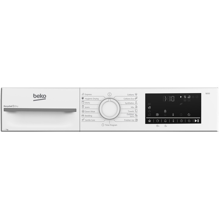 Uscator de rufe Beko BM3T4723WWEU, Pompa de caldura, 7 kg, 15 programe, Clasa D,Motor ProSmart Inverter, EcoSense, Aquawave, Hygienic Drying, Alb