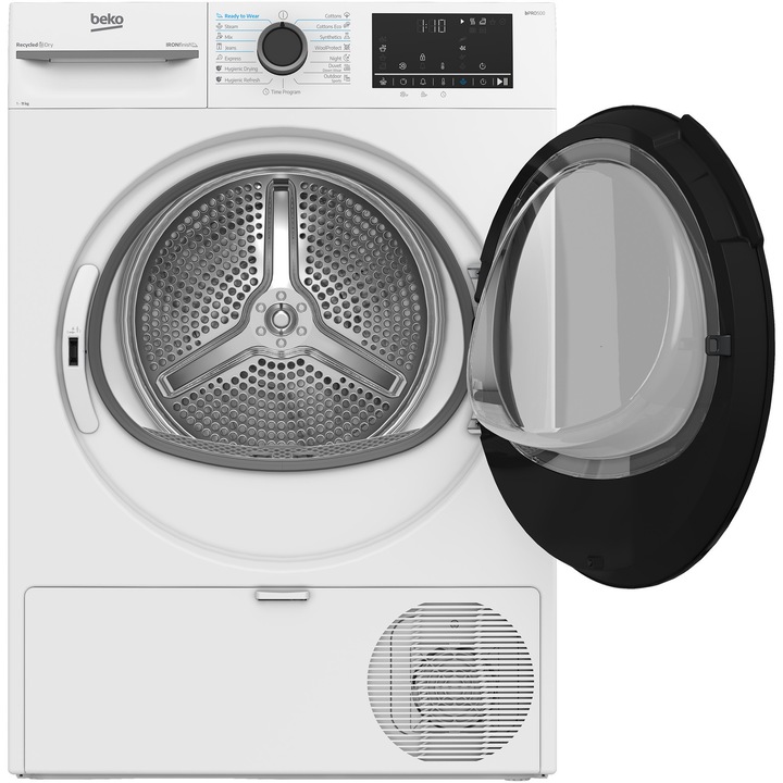 Uscator de rufe Beko BM3T41233WBEU, Pompa de caldura, 11 kg, 15 programe, Clasa D, Iron finish, Motor ProSmart Inverter,, Aquawave, Hygienic Drying, Alb