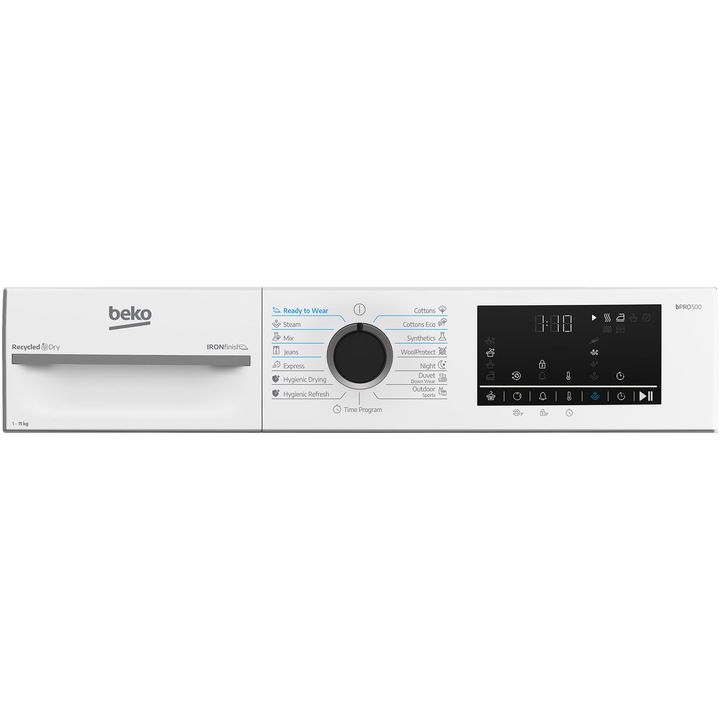 Uscator de rufe Beko BM3T41233WBEU, Pompa de caldura, 11 kg, 15 programe, Clasa D, Iron finish, Motor ProSmart Inverter,, Aquawave, Hygienic Drying, Alb