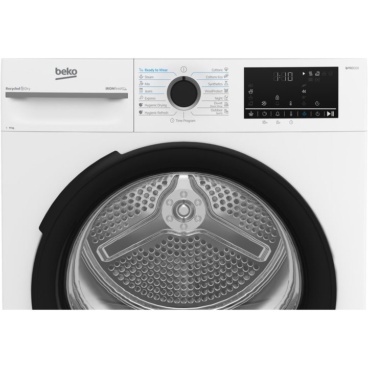 Uscator de rufe Beko BM3T41233WBEU, Pompa de caldura, 11 kg, 15 programe, Clasa D, Iron finish, Motor ProSmart Inverter,, Aquawave, Hygienic Drying, Alb