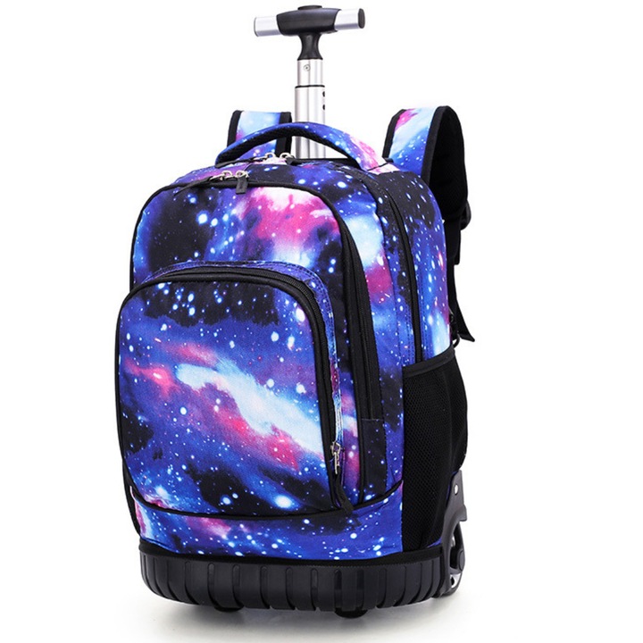 Gurulós iskolatáska, nagy kapacitású, lányoknak és fiúknak, iskolába és utazáshoz, fényvisszaverő csíkkal, strapabíró kerekekkel, légáteresztő szivaccsal, vízálló, porvédő huzattal, több rekesszel, méretek 31x21x48 cm, lila