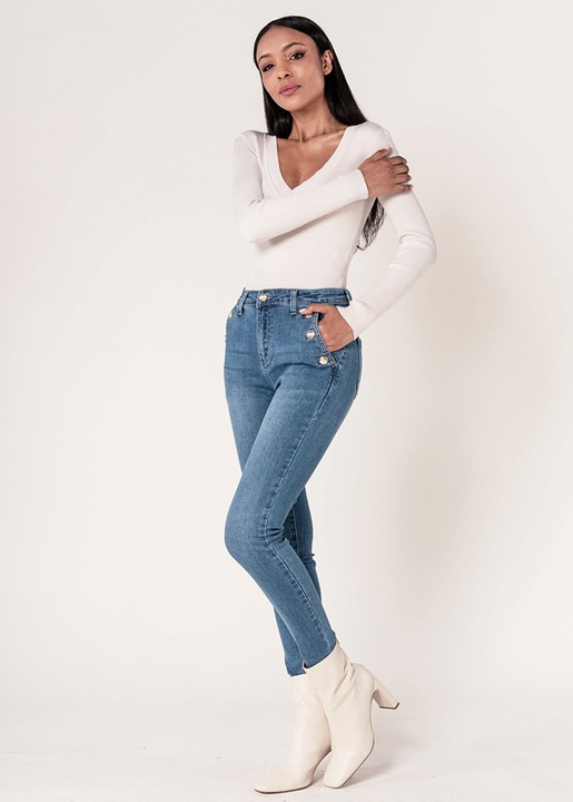 Blugi dama albastri slim cu nasturi Nina Carter B-P217-5 M9 10992, Albastru