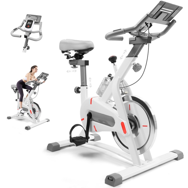 Bicicleta Spinning Smart, Piduules, Rezistenta Magnetica, Bluetooth, Greutate Maxima Utilizator 150 kg, Pedale Antiderapante, Ghidon/sa Reglabile, Alb