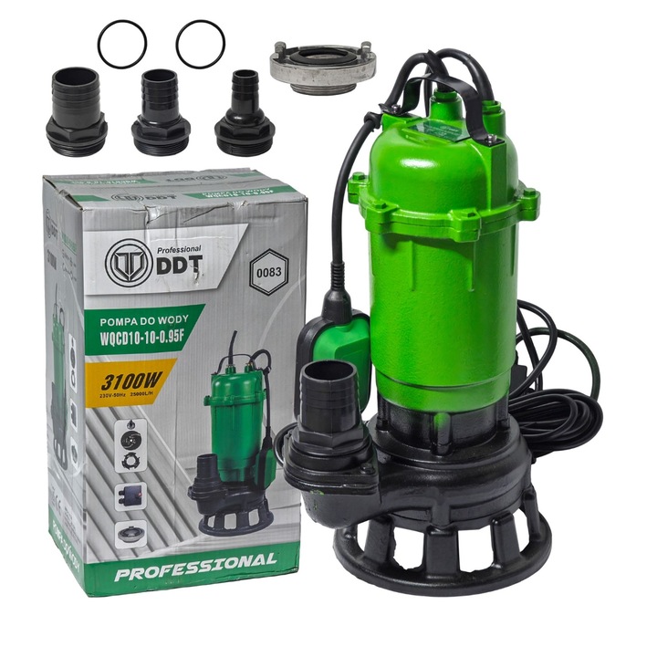 Pompa submersibila pentru apa murdara cu plutitor DDT Professional WQCD10-10-0.95F, 3100W, 25000 L/h, cu cutit profesional 4 mufe incluse + mufa STORZ 2" pentru cuplare rapida, buton on/of