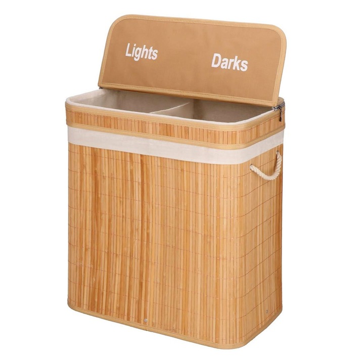 Кош за пране от бамбук 100L, 2 отделения, с капак и цип, подвижна торба, 53 x 32 x 62 см, кафяв
