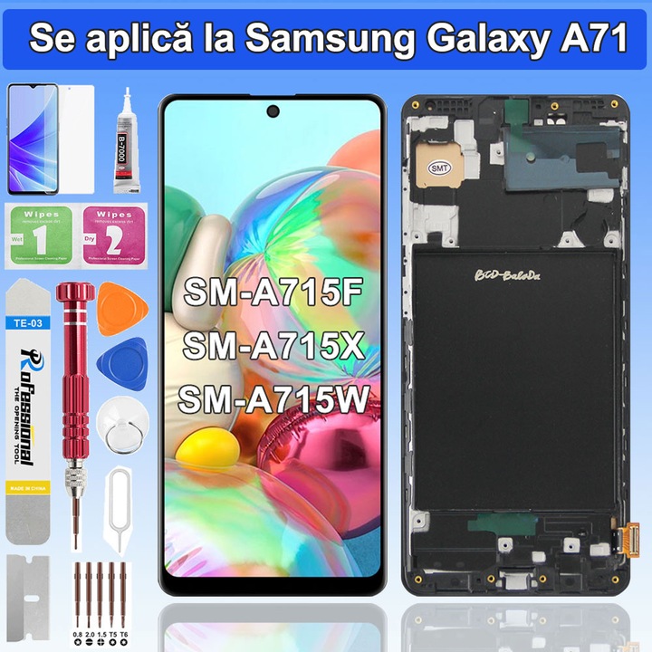 Ecran Display Compatibil Samsung Galaxy A71 (A715) – Tehnologie INCELL – Cu Rama (Negru)
