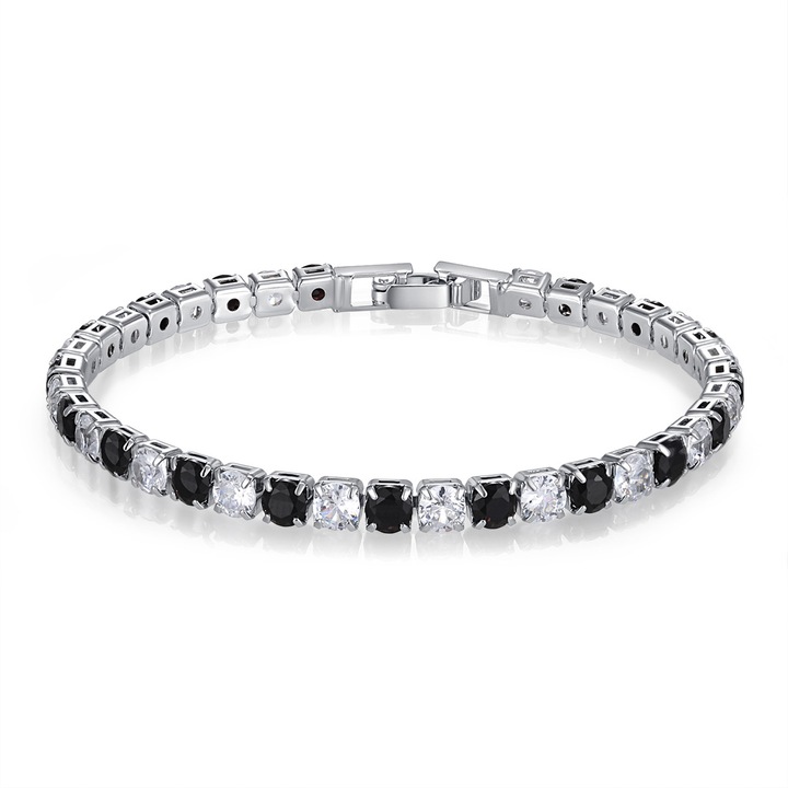 Bratara model Tennis, 4mm, pietre din zirconiu alb si negru, circumferinta 17cm, unisex, argintiu
