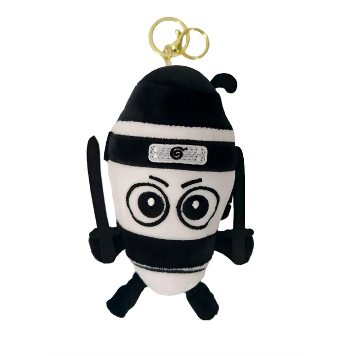 Jucarie Moale de Plus de Tip Breloc, Model Italian Brainrot Ninja Spadellini Silenzioso, 16 x 10 cm, Negru Alb
