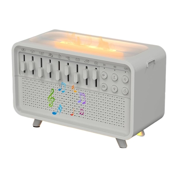 Umidificator de aer cu difuzor de aromaterapie cu 8 sunete albe NEXTLY, functie de boxa si Bluetooth, volum reglabil, iluminare alb cald, 3 trepte de intensitate, temporizator 30/60/120min, alimentare USB-C, 200ml, alb