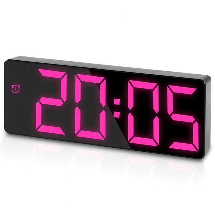 Nagy kijelzős rózsaszín LED fényű ébresztőóra (hálózatról és elemmel is működtethető)