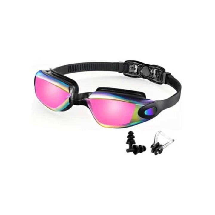 Ochelari de inot HD antiaburire pentru adulti, cu clema nazala si dopuri pentru urechi, negru si roz