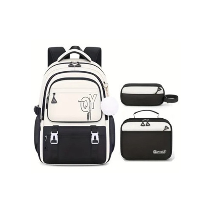 Set ghiozdane scolari 3 piese, negru, cu rucsac si lancheira