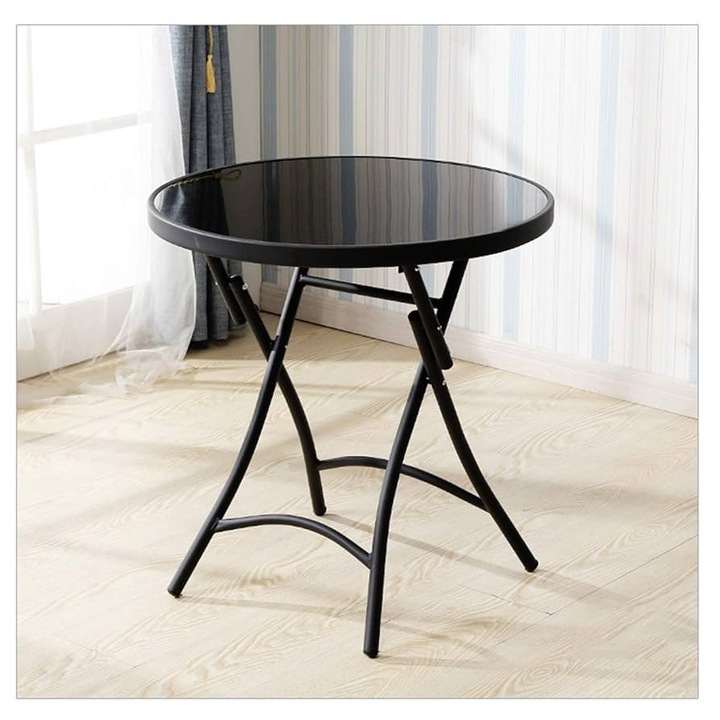 Сгъваема кръгла маса от закалено стъкло, Ø 80 см, Модерен дизайн, Идеална за тераса, балкон или градина, Черна