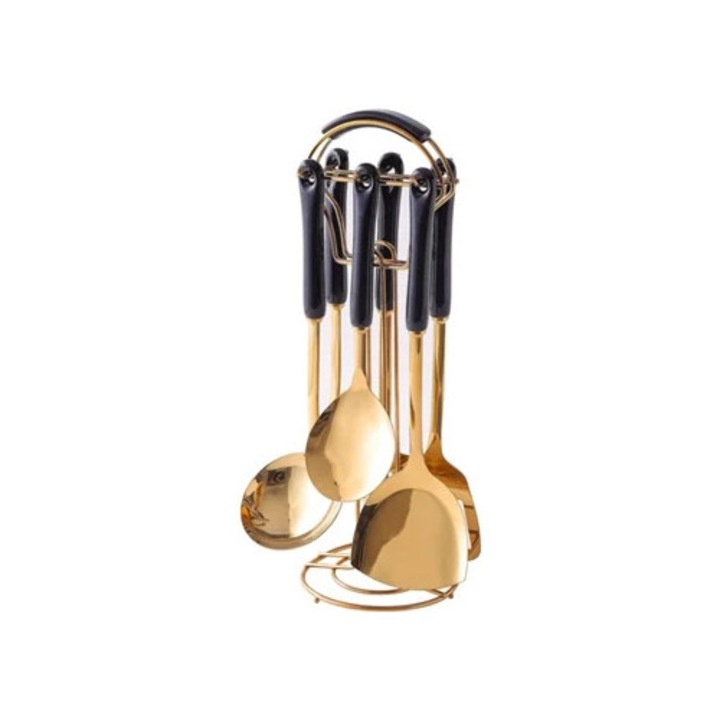 Set ustensile de bucatarie, 7 piese, inox, auriu