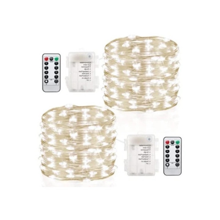 Set 2 ghirlande LED Craciun, pe baterii, 8 moduri lumina, control distanta, 100 lumini