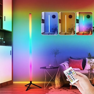 Lampa de podea RGB LED colorata, Bedee®, 16 culori reglabile si moduri multiple de intermitere, lumina ambientala, Poate fi controlat prin telecomanda, 120cm, Negru