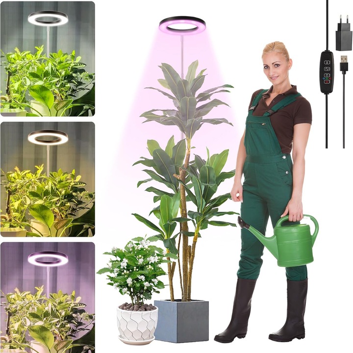Lampa pentru Cresterea Plantelor de Interior, Bedee®, Inaltime Reglabila 30cm-147cm, Spectrum Complet, 3 Moduri, 10 niveluri de luminozitate reglabila, Cronometru 3/9/12 ore, Negru