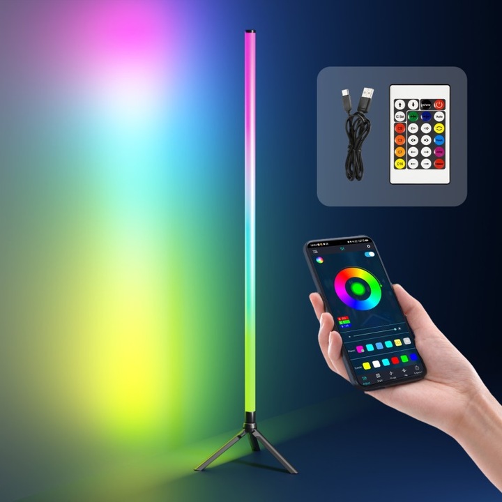Lampa de podea RGB LED colorata, Bedee®, 16 culori reglabile si moduri multiple de intermitere, lumina ambientala, Poate fi controlat prin APP sau telecomanda, 120cm
