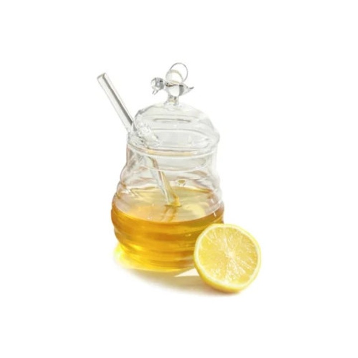 Borcanas pentru miere cu lingura si capac din sticla, rezistent la caldura, 500ml