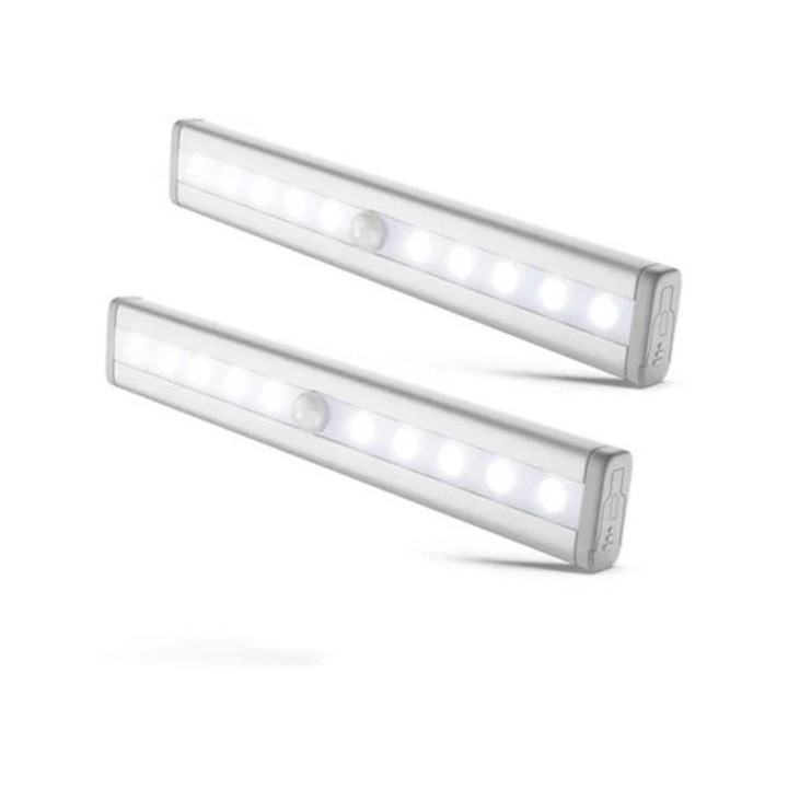 Set de 2 lumini nocturne LED cu detector de miscare, iluminare pentru dulap, autocolant, alimentare cu baterii AAA