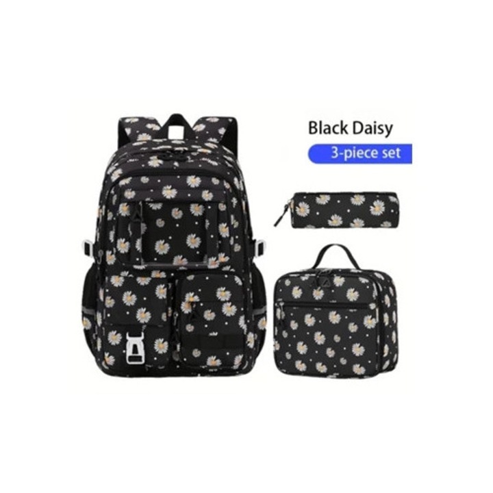 Set 3 piese ghiozdan scolar, capacitate mare, negru