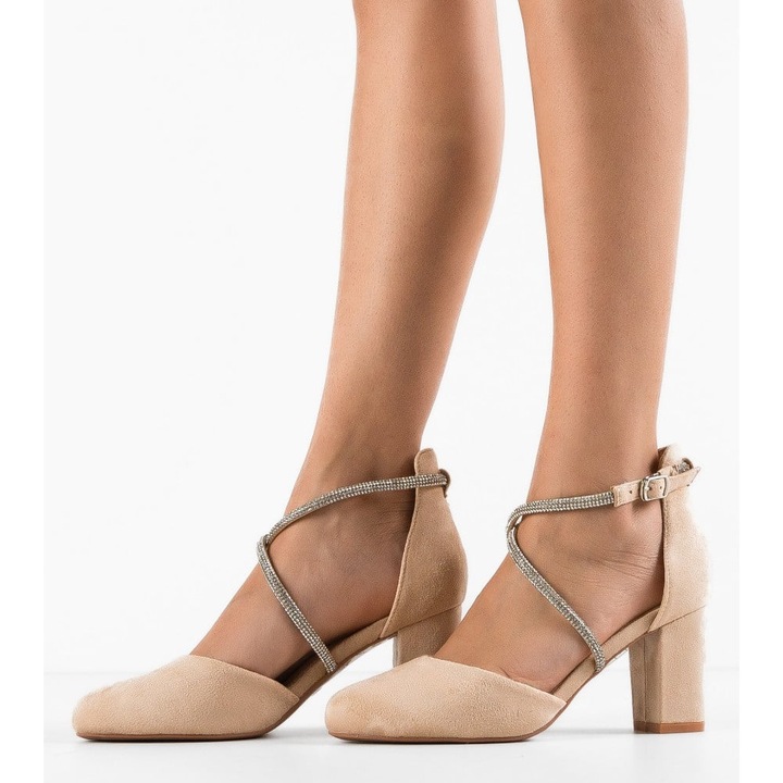 Pantofi cu toc dEpurtat, bej, piele intoarsa, marime 38