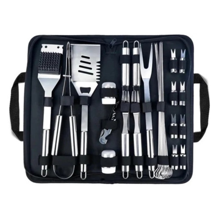 Set ustensile gratar, 29 piese, argintiu/negru