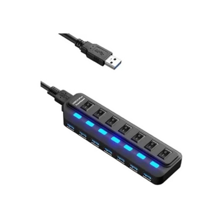 Hub USB 7 Porturi USB 3.0 cu Adaptator de Alimentare si Intrerupator On/Off