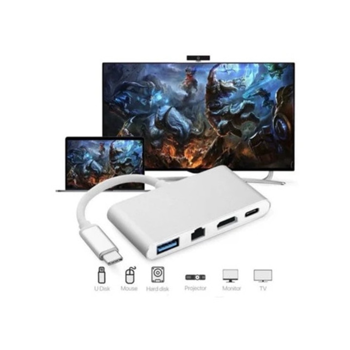Hub USB-C la HDMI 4K, RJ45 Gigabit Ethernet, USB 3.1, argintiu