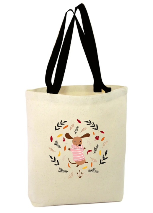 Vászon táska cipzárral, fekete fogantyúval, vidám kiskutyával