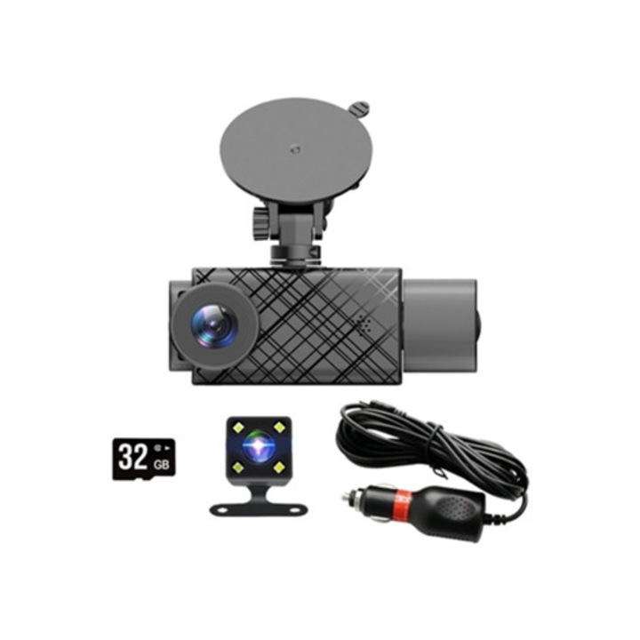 Camera auto DVR, frontala, spate si interna, vedere nocturna, set 3 camere, 32g