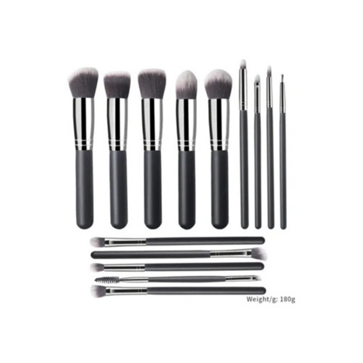 Set de 14 pensule de machiaj din lemn, pentru machiaj zilnic, negru si argintiu