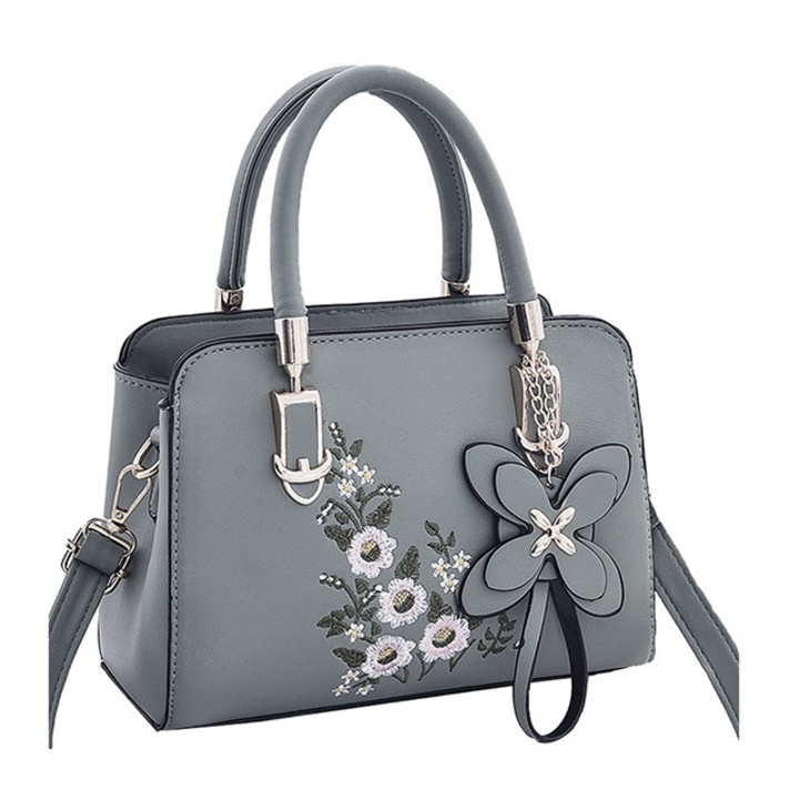 Geanta dama, cu pandativ si floare brodata, bareta pentru umar si doua manere fixe, compartimente multiple, piele ecologica, gri deschis